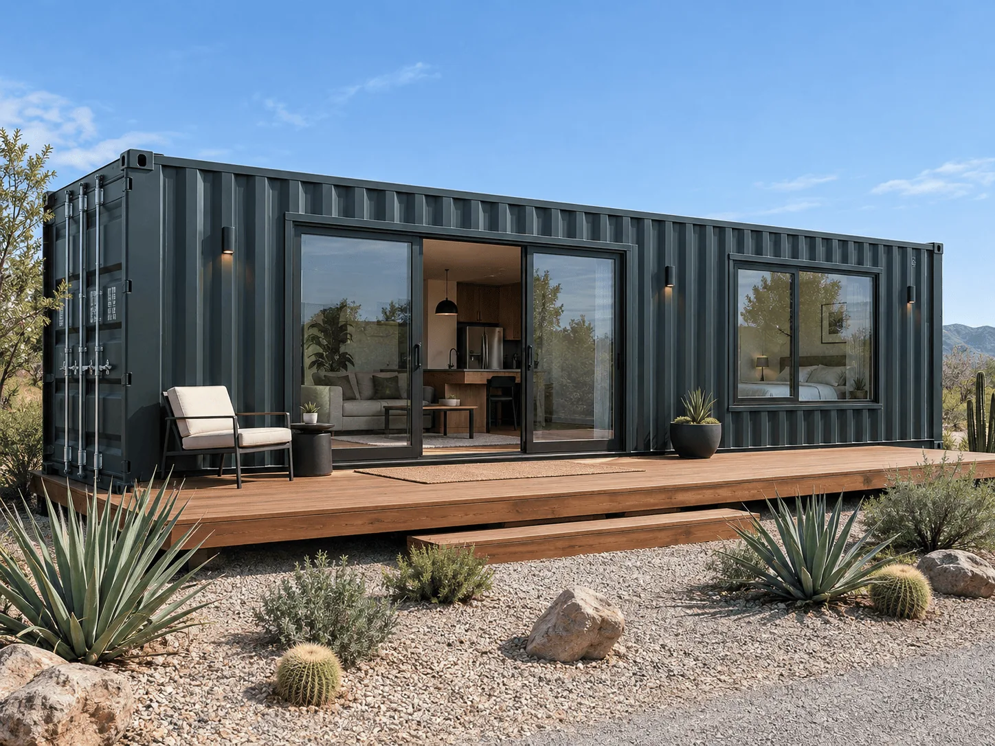 Casa modular de contenedor de 40 pies con fachada de acero corrugado verde, terraza de madera y ventanales corredizos